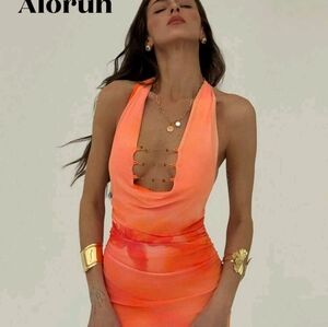 Aloruh Plunging Draped Halter Dress
